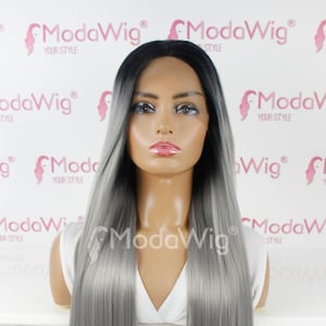 Lange grijze kant front pruik | Lang grijs synthetisch haar | Grijs haar | Zilveren lange pruik | Grijs synthetisch haar | Lange grijze pruik | Zilver haar