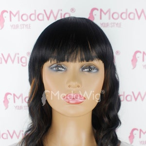 Mid Length Wavy Black Full Cap Wig With Bangs | Chestnut Strands Black Wig | Black Wavy Wig | Full Cap Wig | Everyday Black Wig | Event Wig