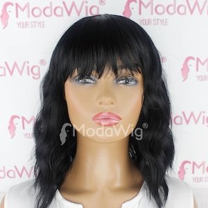 Mid Length Wavy Black Full Cap Wig With Bangs | Everyday Black Wig | Black Wavy Wig |  Full Cap Wig | High Quality Black Wig Event Black Wig