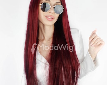 85 cm Length Straight Lace Front Red Natural Hair Wig | 100% Human Hair Wig | Wine Red Wig | Virgin Remy Human Hair | Burgundy Red Wig