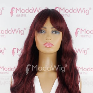 Long Burgundy Red Wavy Full Cap Wig With Bangs | Long Curly Wig | Long Wig | Natural Look wig | Everyday Wig | Party Red Wig | Burgundy Wig