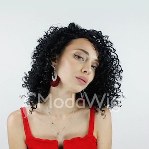 Mid Length black curly wig | black wig | short curly wig | natural look wig | beautiful wig| high quality full cap | wig | stylish wig