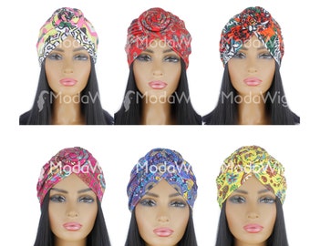 Afro Turban | Pretied Turban | Afro Pattern Turban | Cotton Turban | Head Wrap | Headwear | Chemo Beanie | Alopecia | Women's Hat