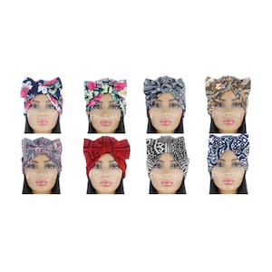 Turban With Bow | Detachable Bow Turban | Floral Pattern Navy Blue Turban | Cotton Turban | Head Wrap | Headwear | Chemo Beanie | Alopecia