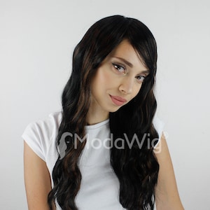 Long Black With Highlights Wavy Full Cap Wig with Bangs | Wavy long hair with bangs | Wavy Black Synthetic Hair With Bangs | Full cap wig