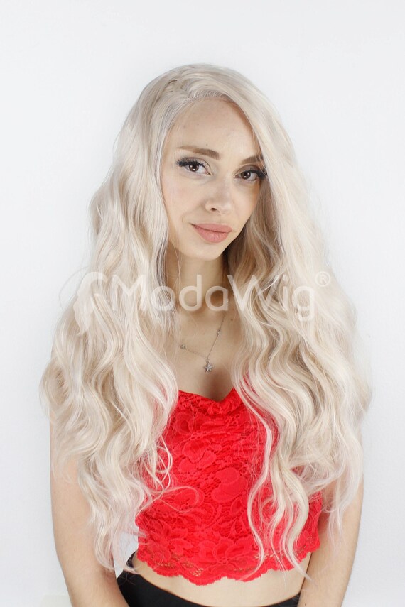 White Blonde Curly Beauty Lace Front Wig White Blonde Lace Front Wig - Human Hair Blend Silver Long  main image 2
