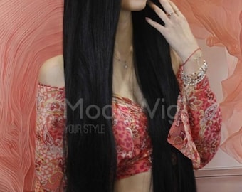 105 cm Extra Long Black Straight Wig | Long Black Synthetic Wig | High Quality Full Cap Wig | Long Party Wig | Realistic Wig