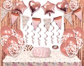 Rose Gold Party Decorations Set, Balloons, Bunting Banner, Confetti, Birthday, Hen Party, Anniversary, Wedding, Bridal Shower, Baby Shower