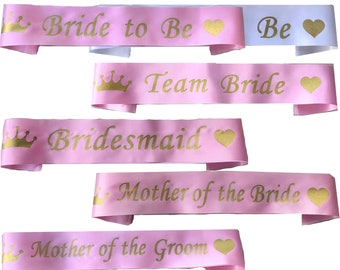 Pink with Gold Team Bride Sashes, Hen Party Sashes, Bride to Be, Hen Party Accessory