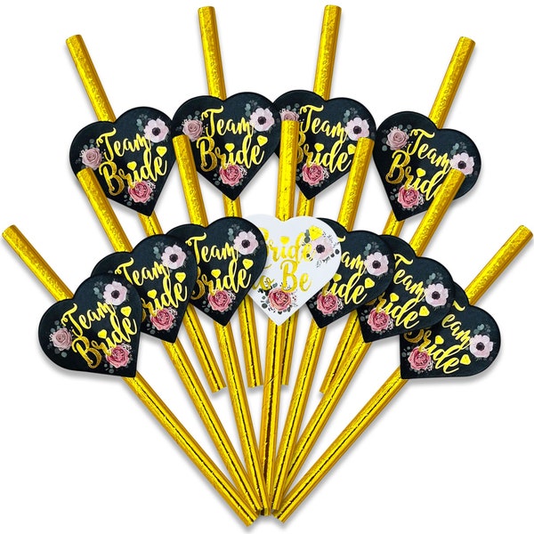 25 Pack Hen Party Straws, Black and Gold Floral Team Bride Paper Straws, Bride to Be Straw, Hen Party Favours, Hen Party Accessories, Hen Do