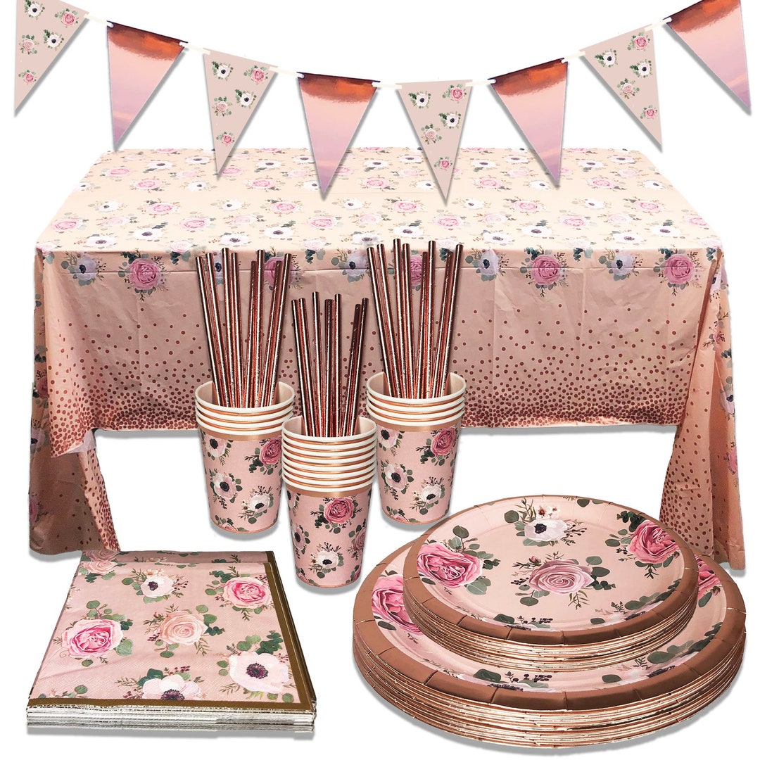 Rose Gold Tableware, Floral Dinnerware, Rose Gold Plates, Cups, Straws
