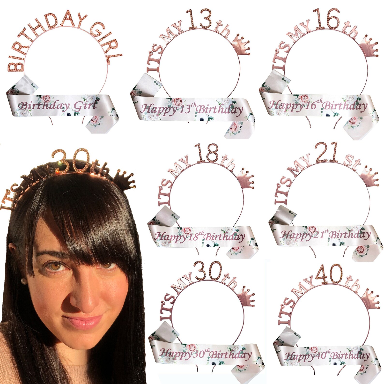 Rosavida Birthday Princess Sash And Tiara Kit - Rosegold 2-Piece