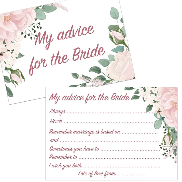 12x A5 Advice for the Bride to Be Cards, Hen Party Games, Hen Party Keepsake Gift, Rose Gold Hen Party Accessories, Floral Hen Party