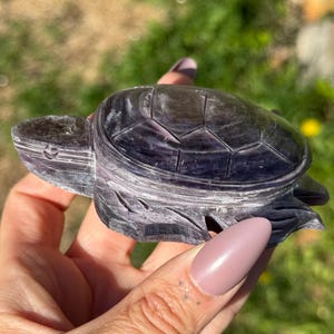 May include: A carved stone turtle figurine in shades of grey and purple. The turtle has a detailed shell pattern and is held in a hand against a blurred green background. The figurine is a decorative item.