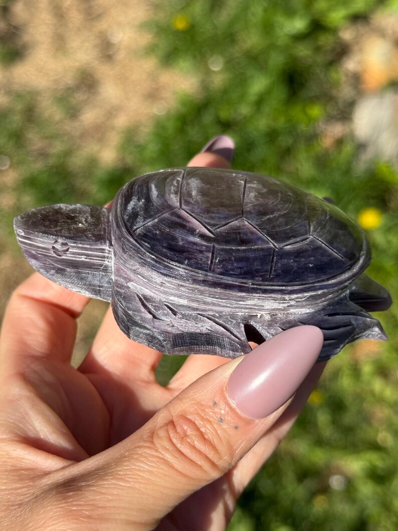May include: A carved stone turtle figurine in shades of grey and purple. The turtle has a detailed shell pattern and is held in a hand against a blurred green background. The figurine is a decorative item.