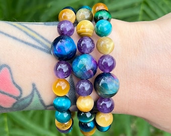 Multicolor Tiger Eye & Amethyst bracelet | gemstone bracelet | Mala bracelet | Yoga jewelry | Healing crystal bracelet | crystal beads