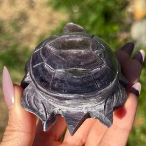 May include: A carved, dark purple turtle figurine. The turtle has a detailed shell pattern and is held in a person's hand. The figurine is made of a stone-like material and is set against a blurred green background.