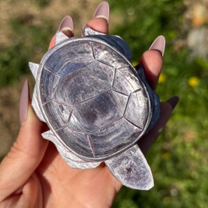 May include: A detailed, silver-coloured turtle figurine. The turtle's shell features a geometric pattern, and its flippers and head are visible. The figurine is held in a hand against a blurred green background.
