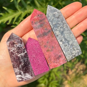 Lot No. 548- Unique quality crystal towers set with: Corundum, Gem Lepidolite (purple Mica), Rhodonite, Grape Agate