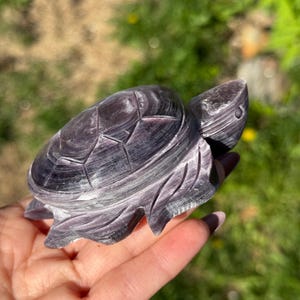 May include: A carved purple gemstone turtle figurine. The turtle has detailed shell patterns and carved flipper designs. The figurine is held in a hand against a blurred green background.