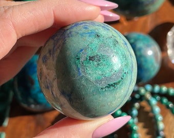 Small Chrysocolla with a little bit of Azurite sphere, from Utah, Natural and untreated, 129 grams