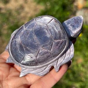 May include: A carved, grey-purple turtle figurine. The turtle's shell is segmented with geometric patterns. The head, flippers, and tail are also carved. The figurine is held in a hand against a blurred green background.