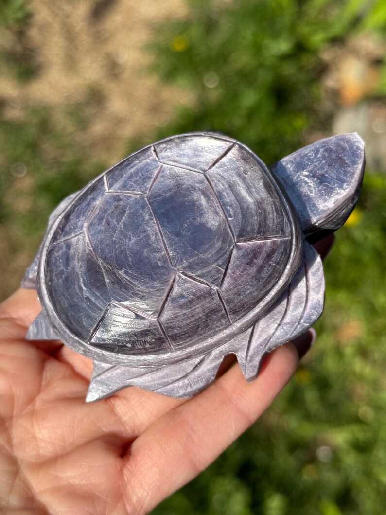 May include: A carved, grey-purple turtle figurine. The turtle's shell is segmented with geometric patterns. The head, flippers, and tail are also carved. The figurine is held in a hand against a blurred green background.