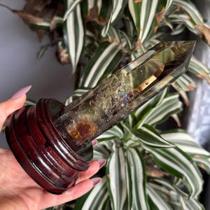 Natural Smoky Citrine point on wood stand from Brazil - with Garden Quartz inclusions