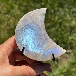Natural Moonstone Moon crescent on black stand - with natural Sunstone inclusions - No. MS01