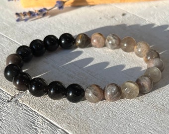 Black Moonstone & Black Obsidian silver sheen Duality bracelet | Natural gemstone bracelet | Mala bracelet | Yoga jewelry | Reiki Healing