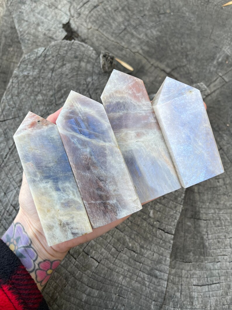 Moonstone Sunstone tower, natural, purified with Palo Santo & infused with Reiki energy You choose Yin Yang energy, balance image 1