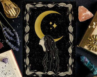 Moon Witch Print | Witchy Wall Art | Gothic Home Decor | Luna Artwork | Occult Illustration