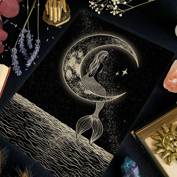 Mermaid & The Moon Print | Luna Artwork | Celestial Wall Art | Witchy Home Decor | Dark Art