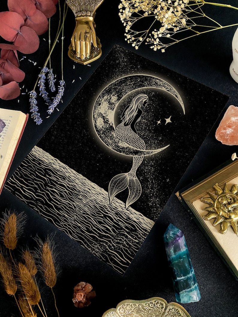 Mermaid & the Moon Print | Luna Artwork | Celestial Wall Art | Witchy ...