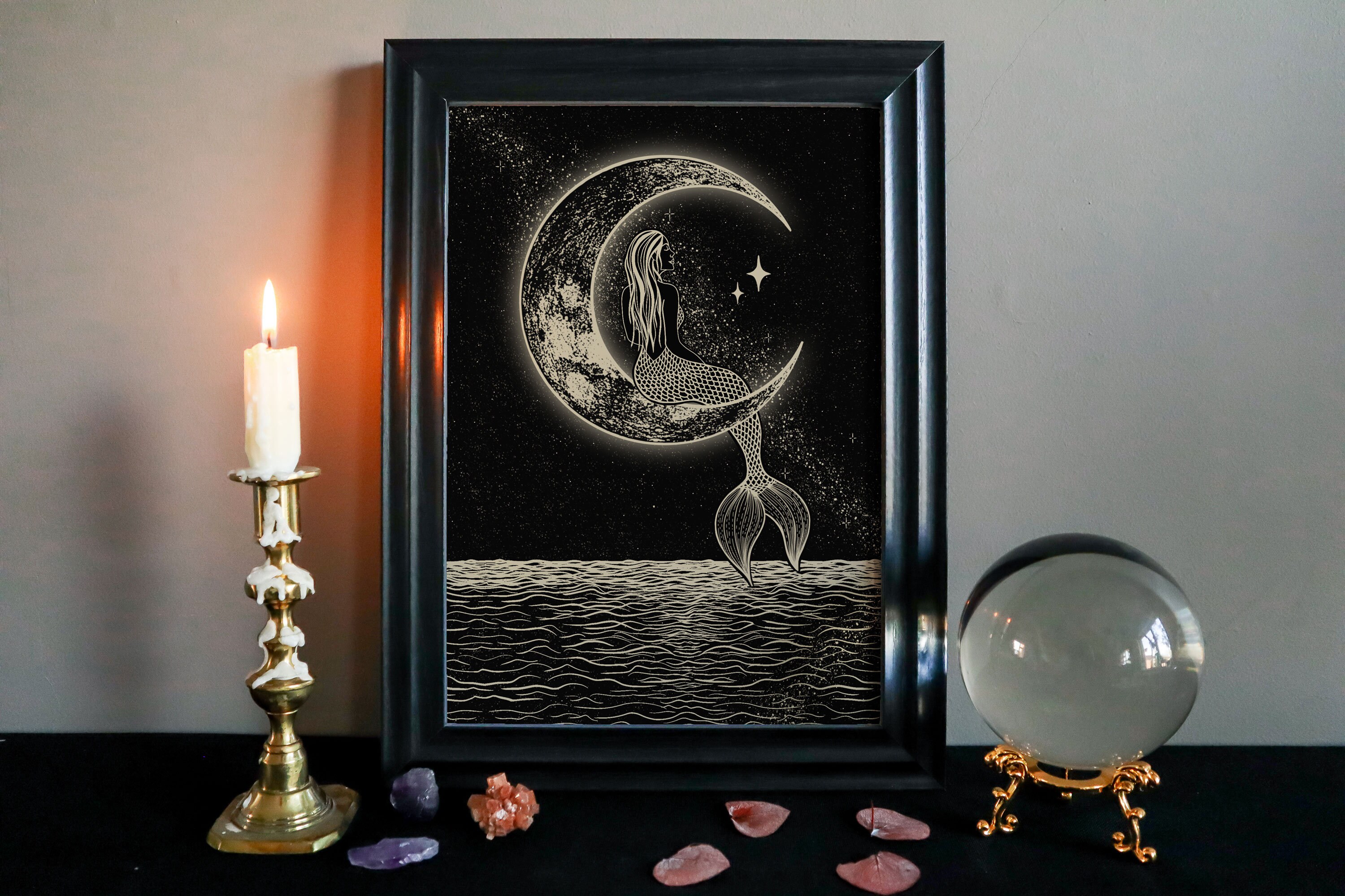 Mermaid & The Moon Print Luna Artwork Celestial Wall Art | Etsy