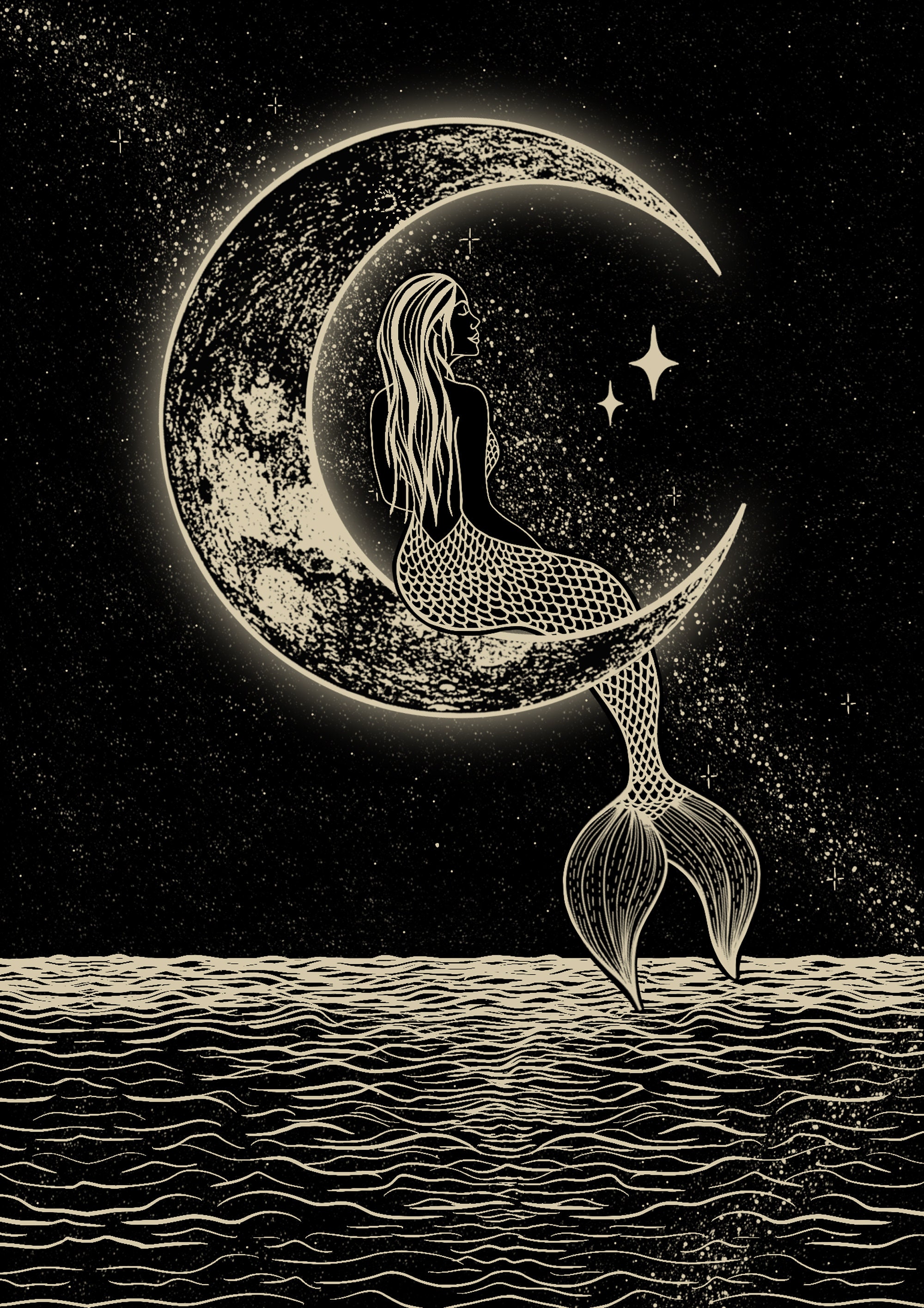 Mermaid & The Moon Print Luna Artwork Celestial Wall Art | Etsy