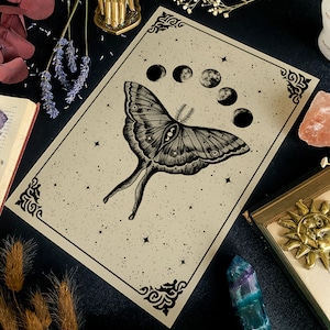 Luna Moth Print | Witchy Wall Art | Gothic Home Decor | Occult Illustration | Dark Academia Decor | Lunar Phases