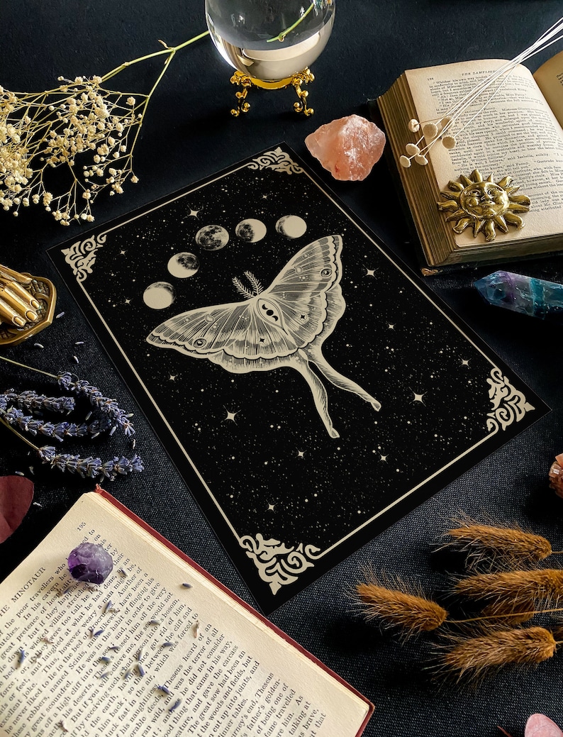 Lunar Moth Print Black | Witch Wall Art | Gothic Home Decor | Occult ...