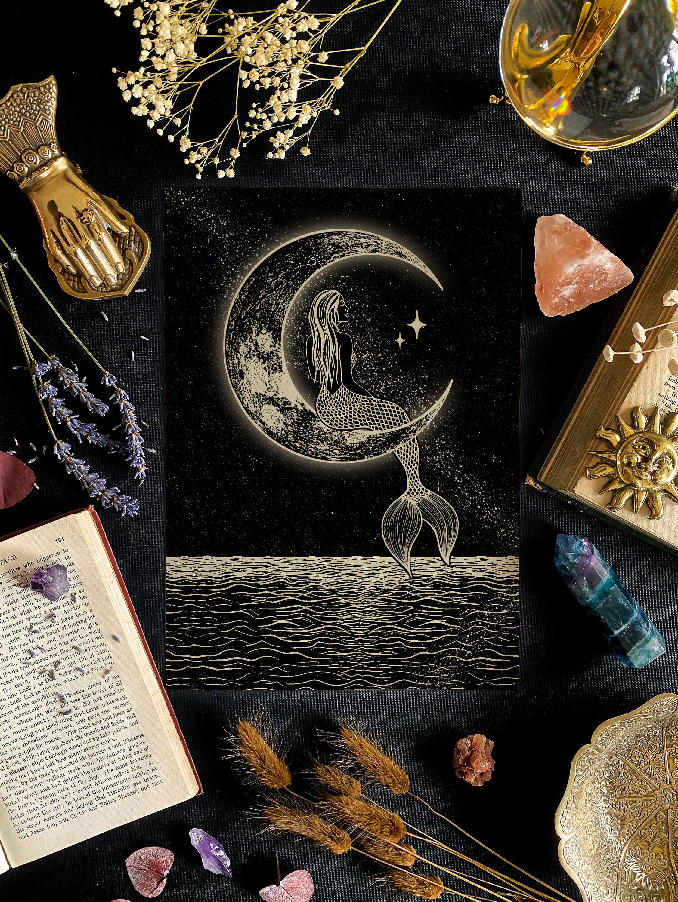 Mermaid & The Moon Print Luna Artwork Celestial Wall Art | Etsy