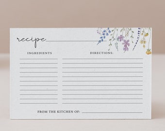 Recipe Card Template, Wildflower Recipe Cards, Bridal Shower Recipe Cards, Editable Template, Corjl, WF11