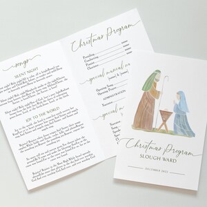 May include: A Christmas program with a watercolor illustration of the Nativity scene. The program includes song lyrics and a schedule. The text reads "Christmas Program" and "Slough Ward, December 2022."
