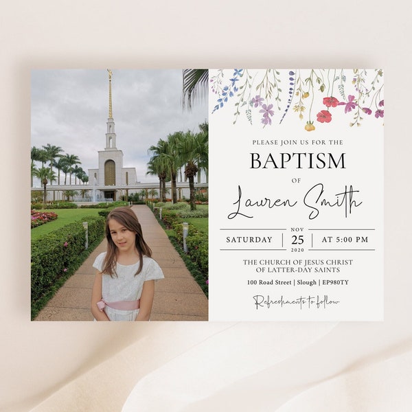 Editable LDS Baptism Invitation Template, Printable Baptism Invitation, Wildflowers baptism, lds baptism, DIY, Editable Template Corjl, WF11