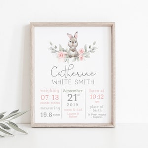 Impresión de nacimiento de bebé, regalo de nueva niña, impresión de nacimiento de bebé editable, regalo de bautizo, detalles de nacimiento, estadísticas de nacimiento, decoración de guardería de conejos, Corjl