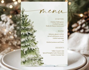 Edytowalne menu na imprezę świąteczną: Akwarelowe drzewo (do druku)