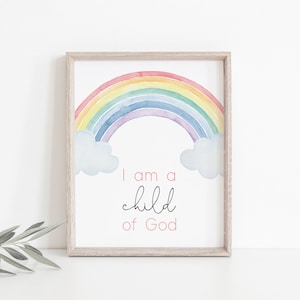 Ik ben een kind van God, doopposter, regenboogdoop, LDS doopkaarten afdrukbaar, kinderkamer decor, bewerkbaar doopteken, Corjl, RB01