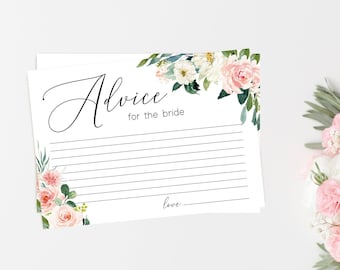May include: A white card with a floral design and the text "Advice for the bride" with lines for writing. The card is on a white surface with a bouquet of pink and white flowers.