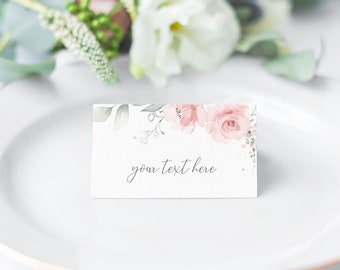 Blush Pink Green Place Card Template, Editable Place Card Template, Name Card, Seating Card, Bridal Shower Decor, Corjl, GR01