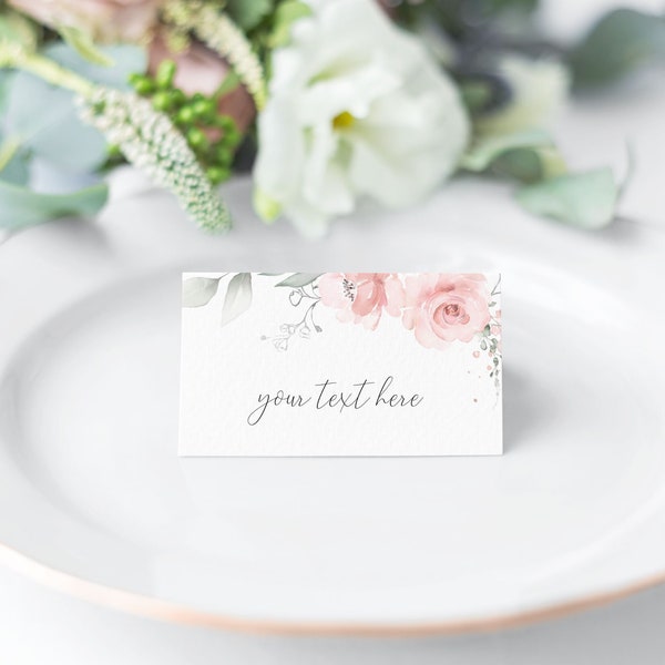 Blush Pink Green Place Card Template, Editable Place Card Template, Name Card, Seating Card, Bridal Shower Decor, Corjl, GR01