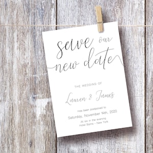 Enregistrez notre nouvelle carte de date, changez la carte de date, changement de date de mariage, téléchargement instantané, nouvelle date de mariage, report de mariage, Corjl, BW02