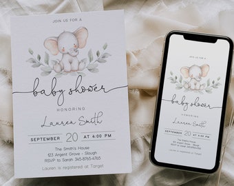 May include: A baby shower invitation featuring a watercolor illustration of a baby elephant surrounded by green leaves. The invitation includes the text "baby shower" and details for Lauren Smith's shower on September 20th at 4:00 PM.